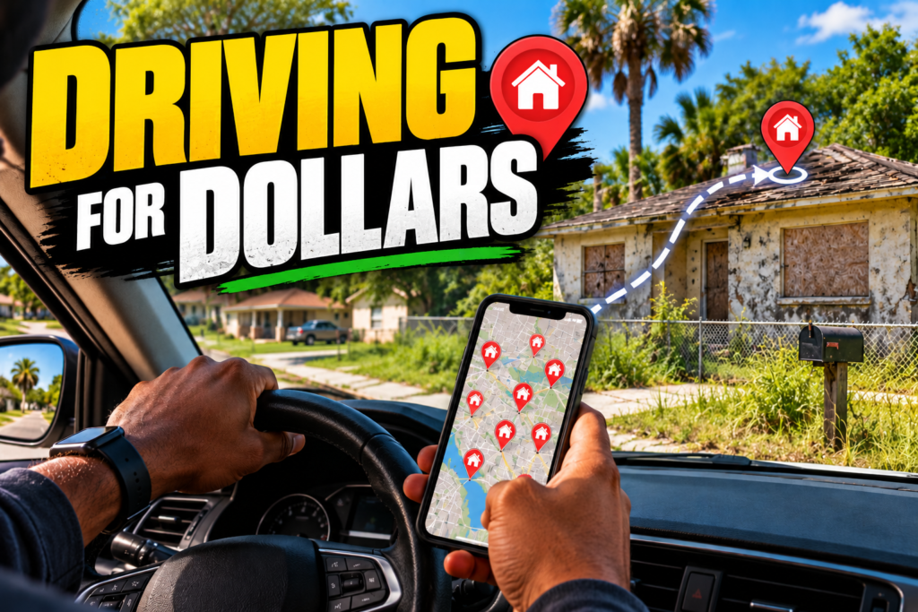 Investor driving for dollars with a phone map app pinpointing a distressed boarded-up house