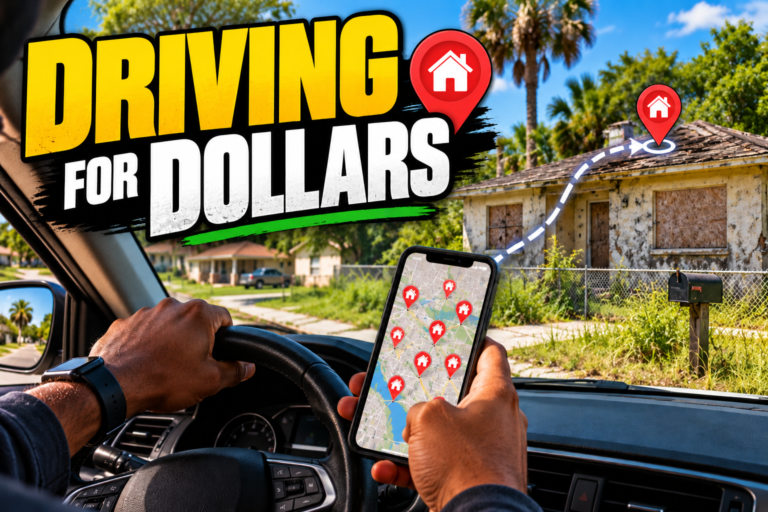 Investor driving for dollars with a phone map app pinpointing a distressed boarded-up house