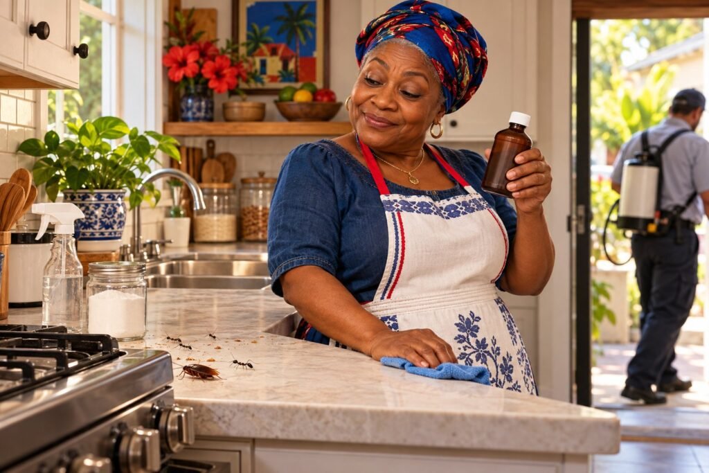 Haitian grandmother in a head wrap wiping her kitchen counter while holding a brown bottle of hydrogen peroxide as an exterminator leaves