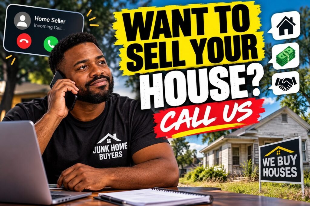 Junk Home Buyers caller on the phone with a home seller next to a We Buy Houses sign and the headline Want to Sell Your House?