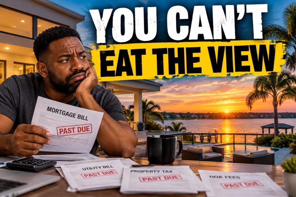 Man with past-due bills on a luxury waterfront patio under the headline You Can't Eat the View