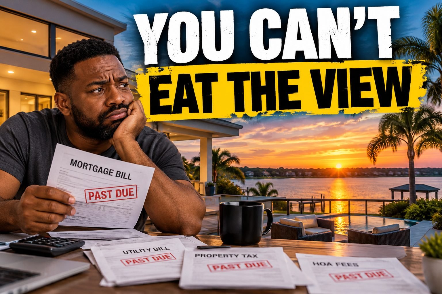 Man with past-due bills on a luxury waterfront patio under the headline You Can't Eat the View