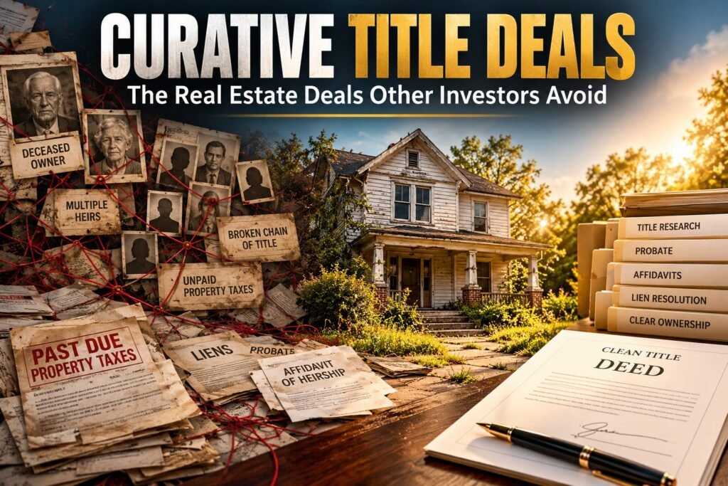 Curative title deals: abandoned house surrounded by tangled title paperwork next to a clean title deed