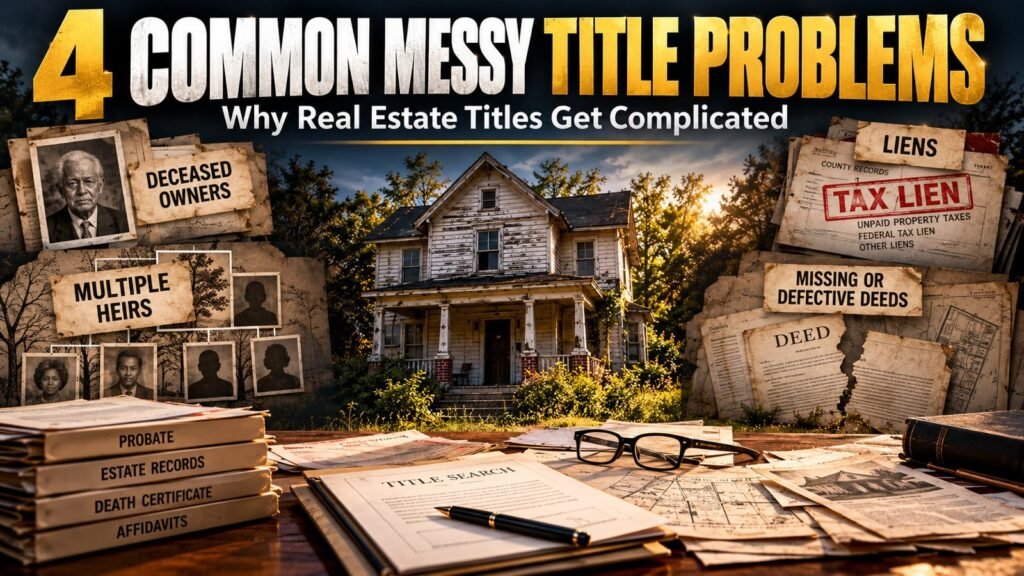 Abandoned house surrounded by old deeds, lien notices, and family photos representing four common messy title problems