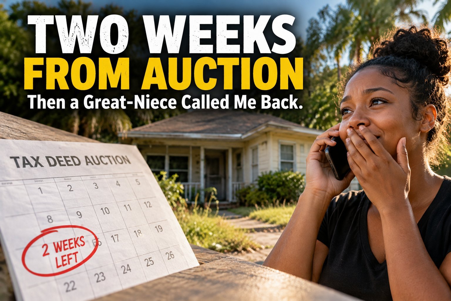 Woman on the phone outside an older house next to a tax deed auction calendar marked 2 weeks left